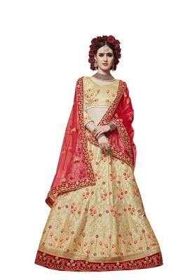 Beige Embroidered Satin Semi Stitched Lehenga 1