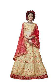 Beige Embroidered Satin Semi Stitched Lehenga