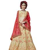 Beige Embroidered Satin Semi Stitched Lehenga