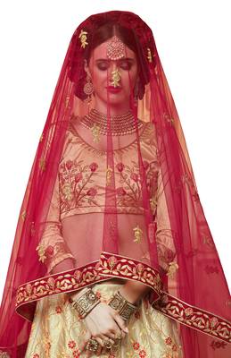 Beige Embroidered Satin Semi Stitched Lehenga 2
