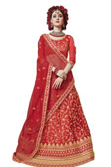 Red Embroidered Satin Semi Stitched Lehenga