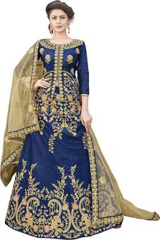 Blue Embroidered Art Silk Semi Stitched Lehenga