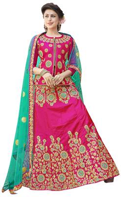 Pink Embroidered Art Silk Semi Stitched Lehenga 1