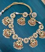 Green And Red Gold Tone Kundan Necklace Set With Pearls