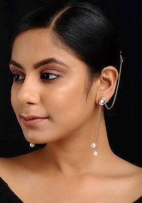 Gold Tone Kundan Inspired Pearl Earrings With Hair Chain
 1