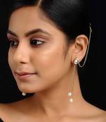 Gold Tone Kundan Inspired Pearl Earrings With Hair Chain
