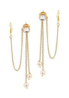 Gold Tone Kundan Inspired Pearl Earrings With Hair Chain
 2