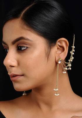 Gold Tone Kundan Inspired Earrings With Hair Chain
 1
