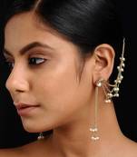 Gold Tone Kundan Inspired Earrings With Hair Chain
