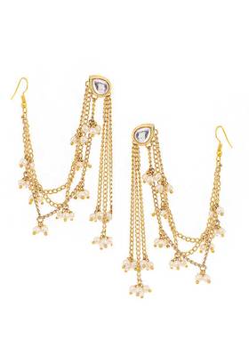Gold Tone Kundan Inspired Earrings With Hair Chain
 2