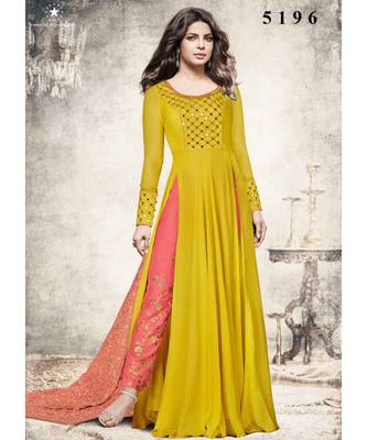 yellow embroidered georgette unstitched salwar with dupatta 1
