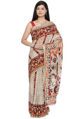 CLASSICATE from the house of The Chennai Silks Women's Beige Kalamkari Pure Cotton Saree Wlth Blouse 1
