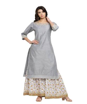 Grey Chanderi Kurts With Printed Sharara Pants 1