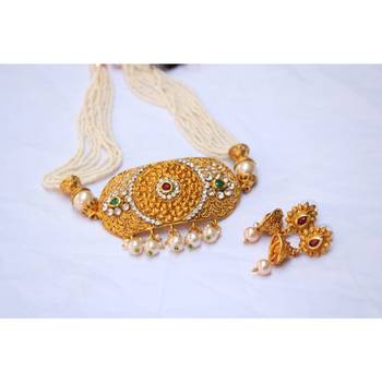 Multicolour stone studded multilayer pearl mala choker necklace set 1