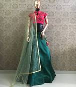 Green plain satin semi stitched lehenga