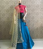Teal Plain Satin Semi Stitched Lehenga