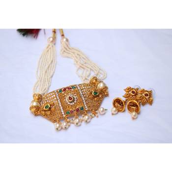 Multicolour stone studded multilayer pearl mala choker necklace set 1