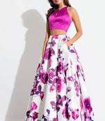 White  Floral Print Satin Semi Stitched Lehenga