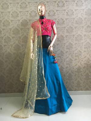 Teal Plain Satin Semi Stitched Lehenga 2
