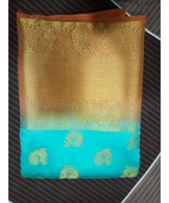 Blue silk blend kanchipuram saree with blouse 1