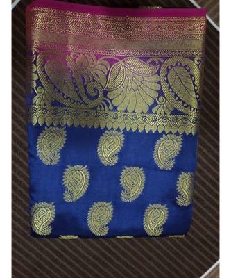 Blue silk blend with paisley motif kanchipuram saree with blouse 1