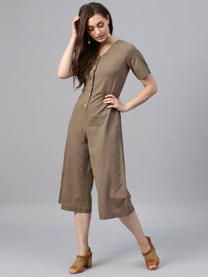 Brown Front Button Culottes Jumpsuit 1