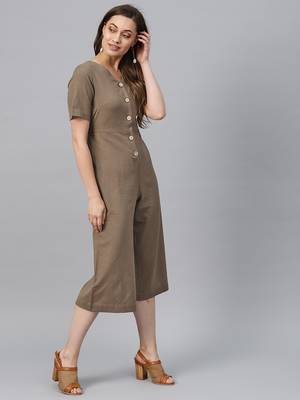 Brown Front Button Culottes Jumpsuit 4