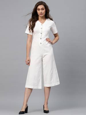 White Front Button Culottes Jumpsuit 1