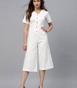 White Front Button Culottes Jumpsuit