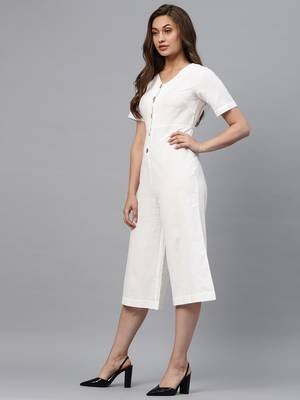 White Front Button Culottes Jumpsuit 2