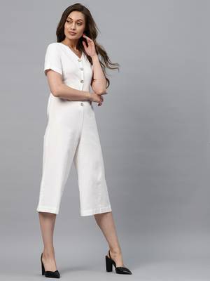 White Front Button Culottes Jumpsuit 4