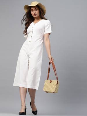 White Front Button Culottes Jumpsuit 6