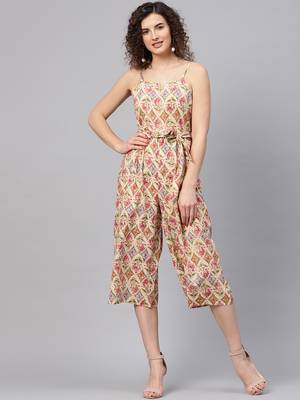 Beige & Pink Floral Strappy Jumpsuit 1