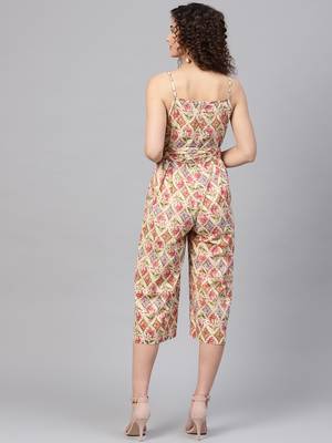 Beige & Pink Floral Strappy Jumpsuit 3
