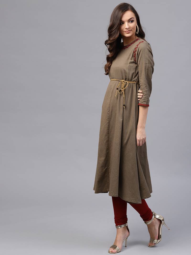 Brown Embroidered Belted Kurta