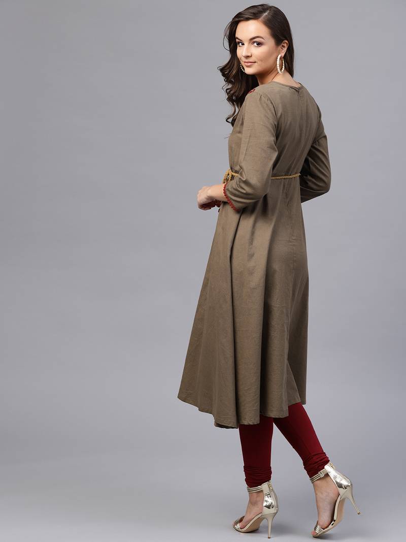 Brown Embroidered Belted Kurta