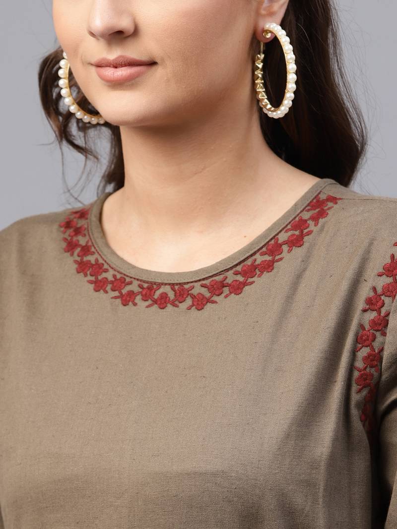 Brown Embroidered Belted Kurta