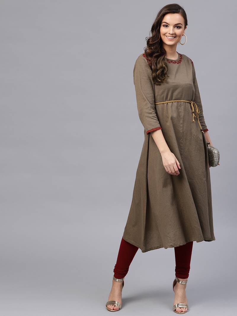 Brown Embroidered Belted Kurta