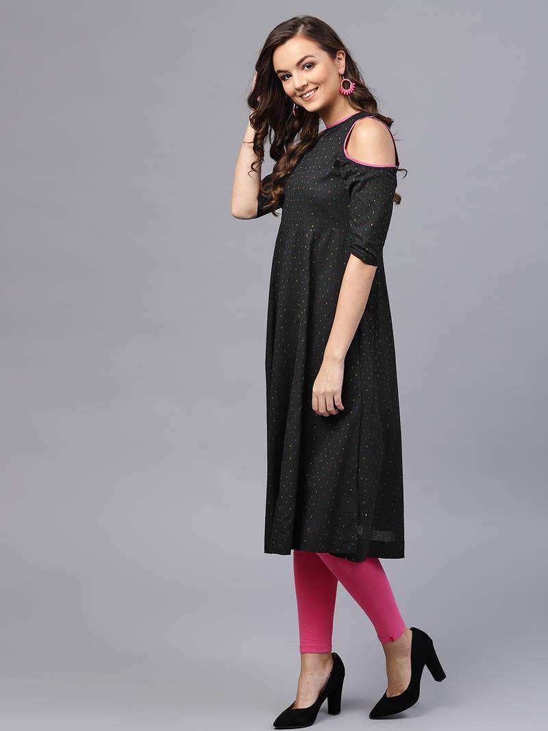 Black Dotted Cold Shoulder Kurta