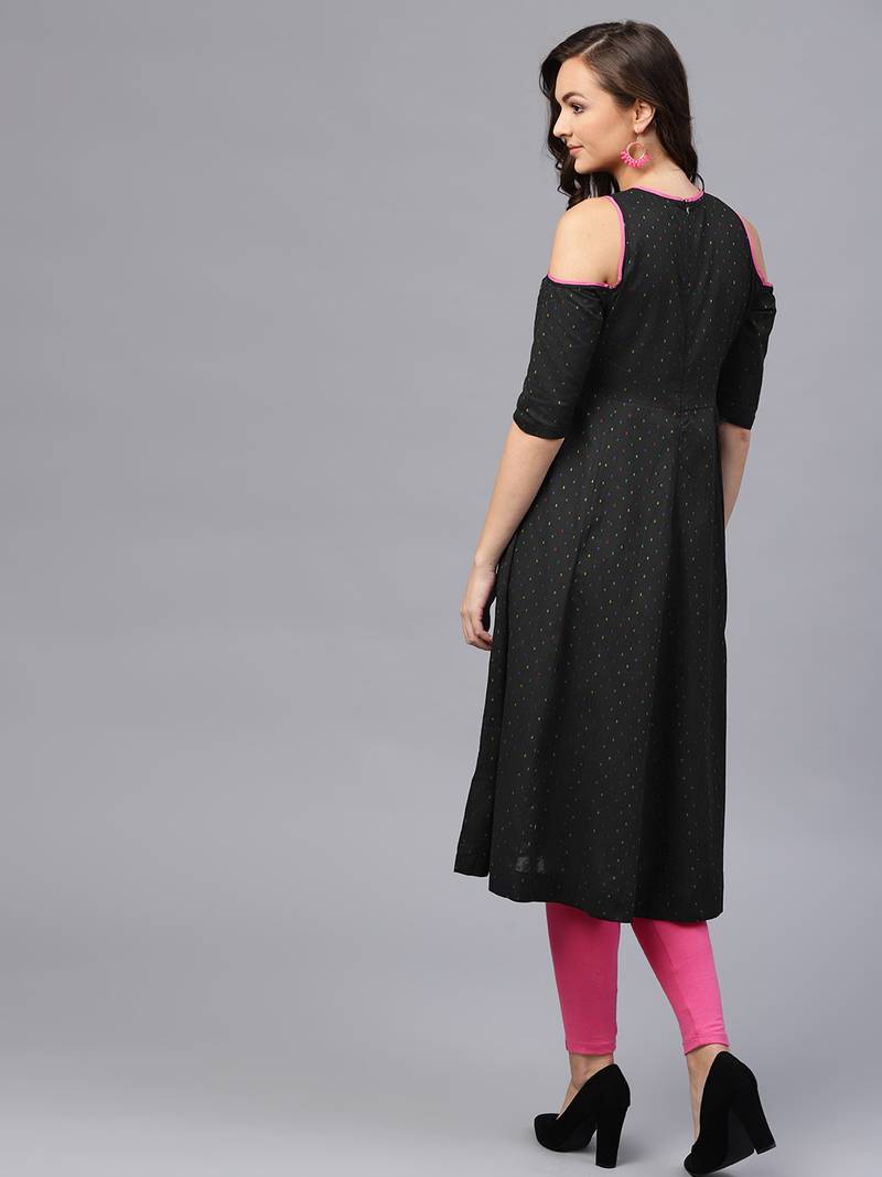 Black Dotted Cold Shoulder Kurta