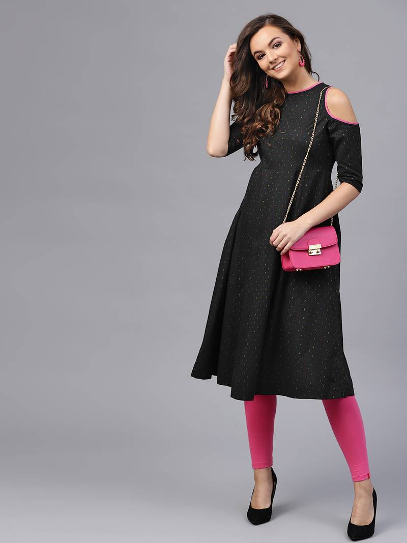 Black Dotted Cold Shoulder Kurta