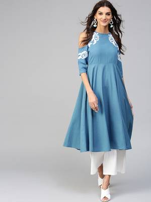 Cold Shoulder Embroidered Blue Anarkali 1