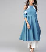 Cold Shoulder Embroidered Blue Anarkali