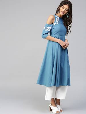 Cold Shoulder Embroidered Blue Anarkali 2
