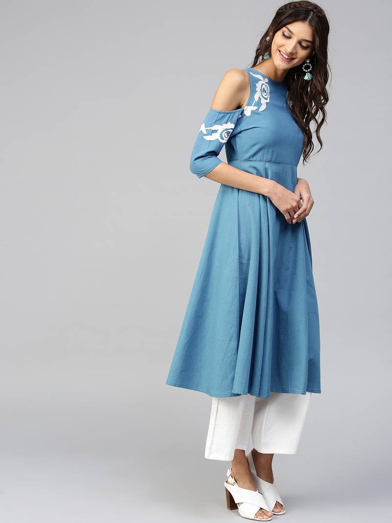 Cold Shoulder Embroidered Blue Anarkali
