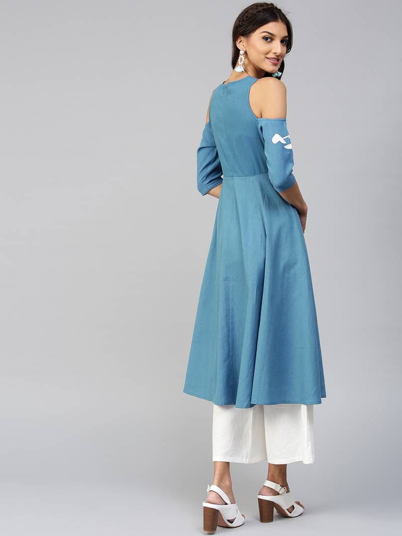 Cold Shoulder Embroidered Blue Anarkali