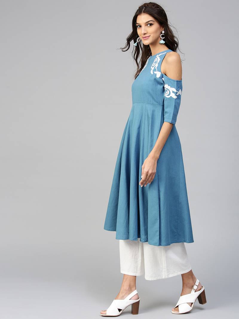 Cold Shoulder Embroidered Blue Anarkali