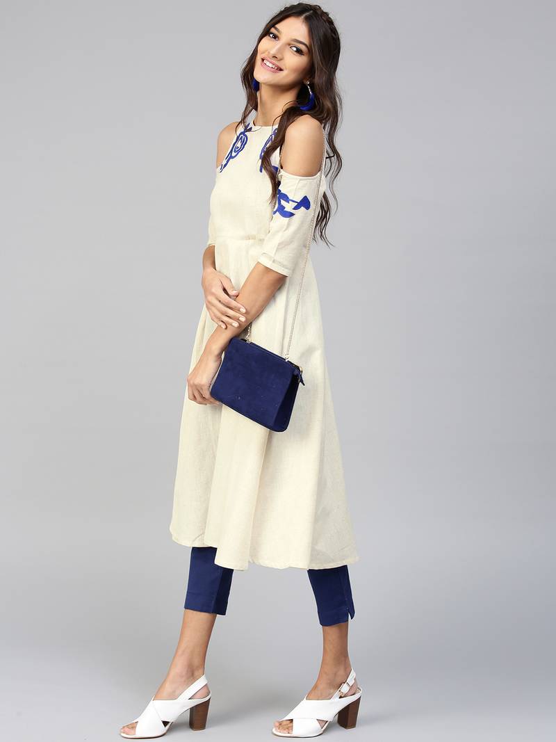 Cold Shoulder Embroidered Off-White Anarkali