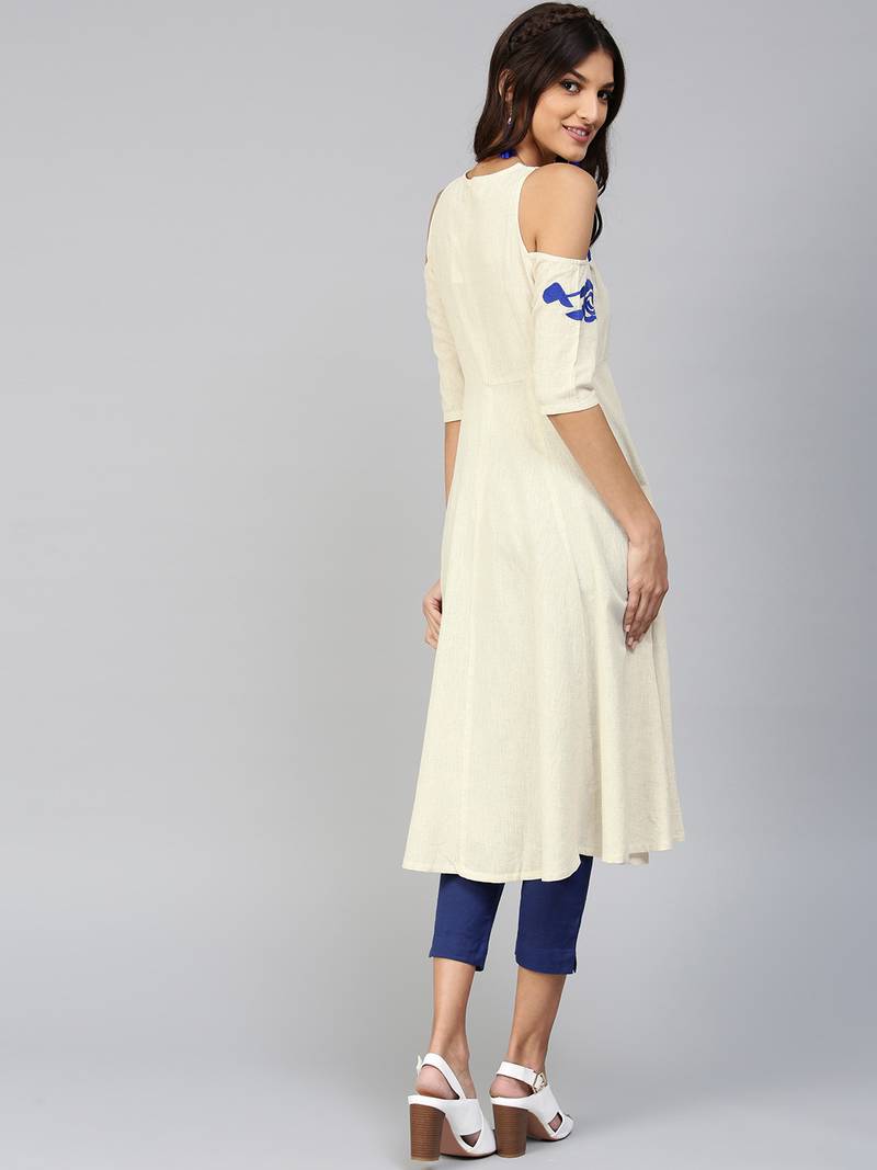 Cold Shoulder Embroidered Off-White Anarkali