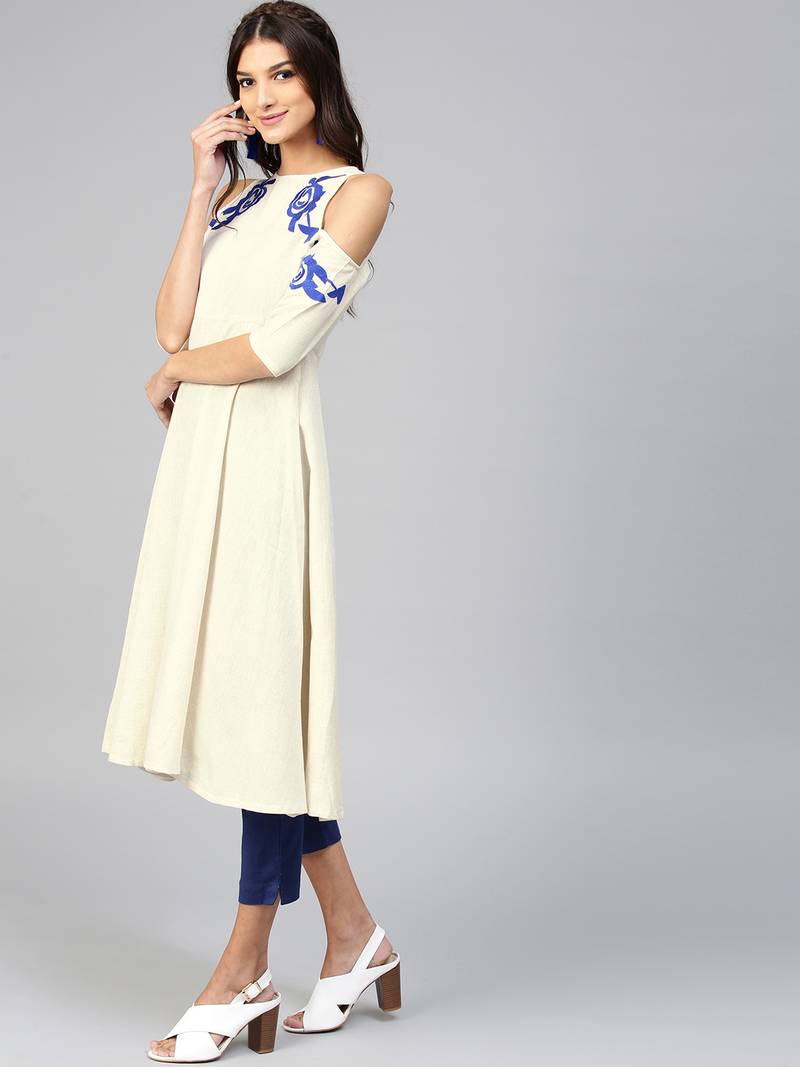 Cold Shoulder Embroidered Off-White Anarkali